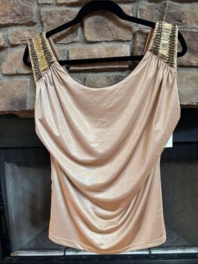 NWT Cache Gold Sleeveless Satin Drape Blouse with Beaded Straps. Large